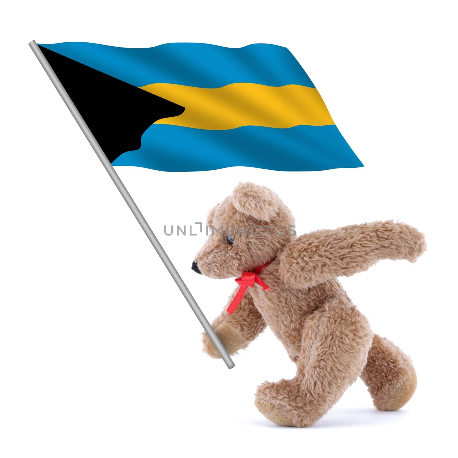 A Bahamas flag being carried by a cute teddy bear