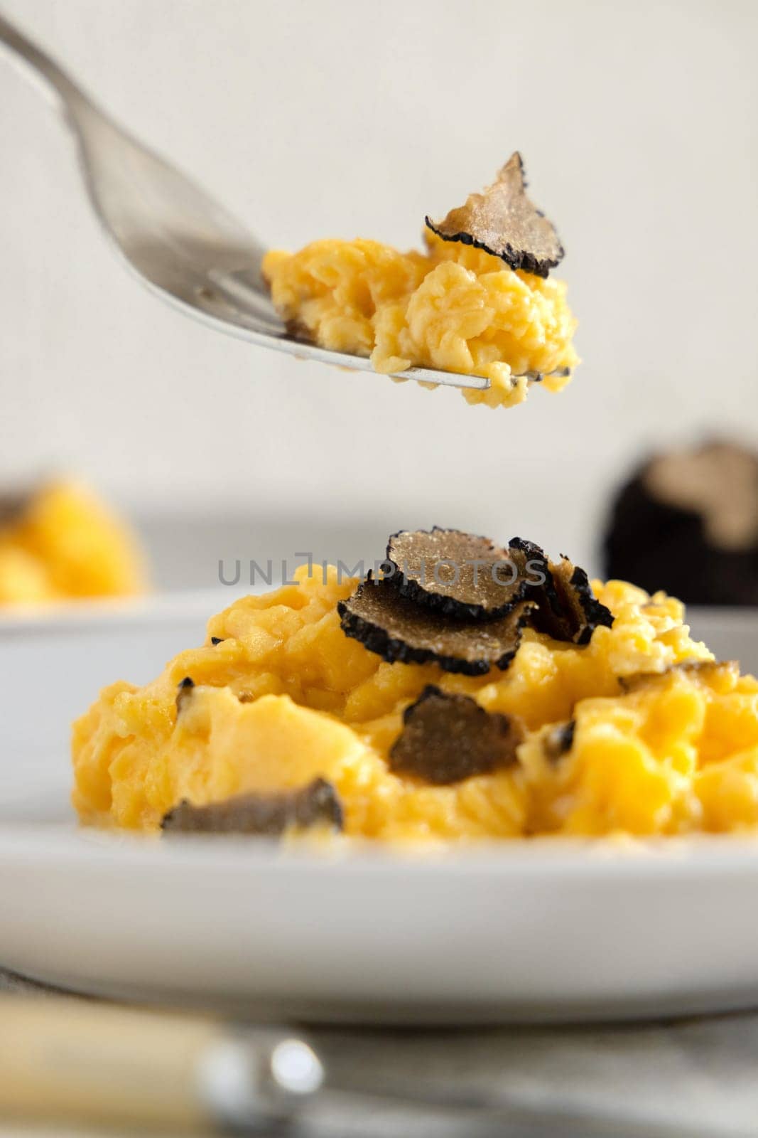 Scrambled eggs with sliced fresh black truffles from Italy served in a plate close up. Italian cousine, gourmet breakfast