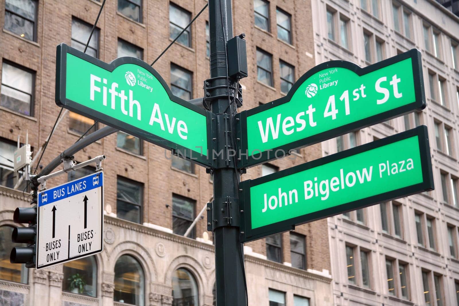 Green West 41st Street and Fifth Ave Bryant Park traditional sign in Midtown Manhattan in New York City
