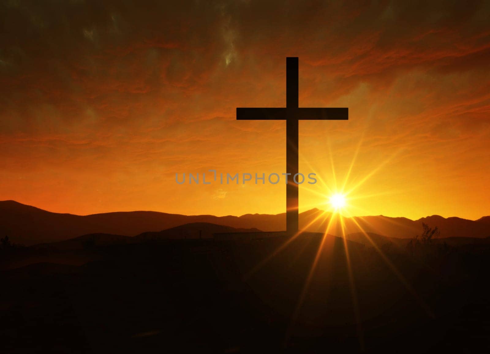 Crucifixion of Jesus Christ at dawn, Silhouette of a cross on a hill at sunset