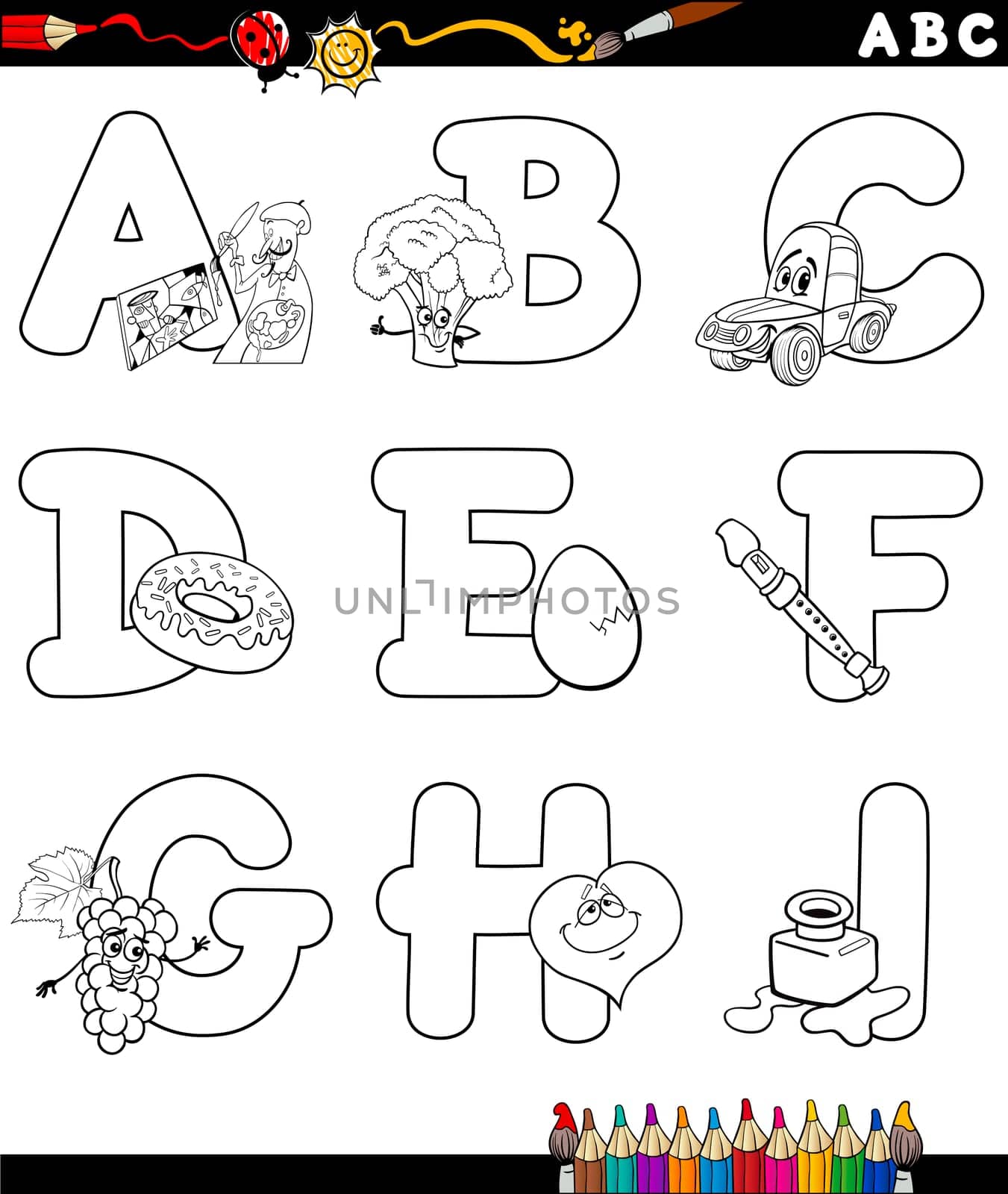 Black and White Cartoon Illustration of Capital Letters Alphabet with Objects for Children Education from A to I for Coloring Book