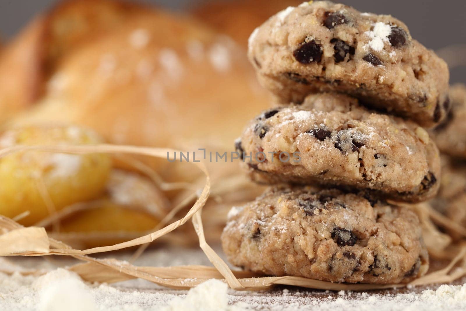 On a table a composition of biscuits and bread