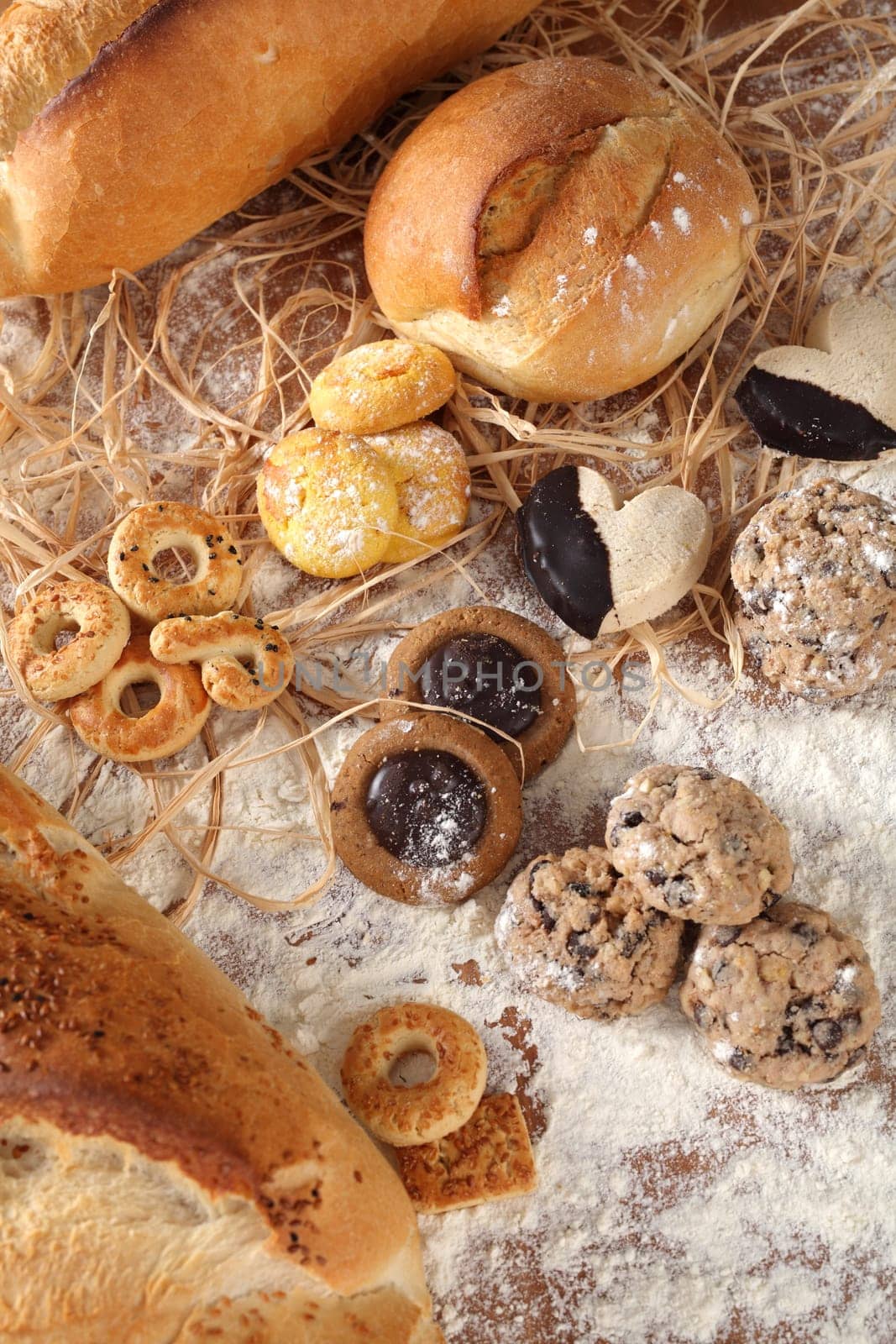 On a table a composition of biscuits and bread