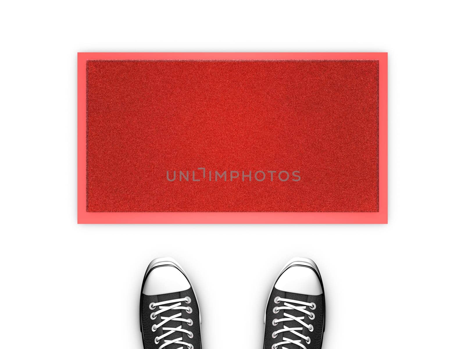 Concept illustration showing shoes in front of a red door map. Copy space available.