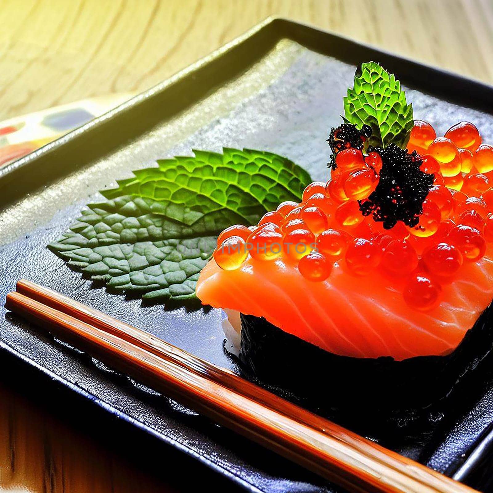 The Japanese menu. Tasty set of sushi with salmon and tuna with nice background color