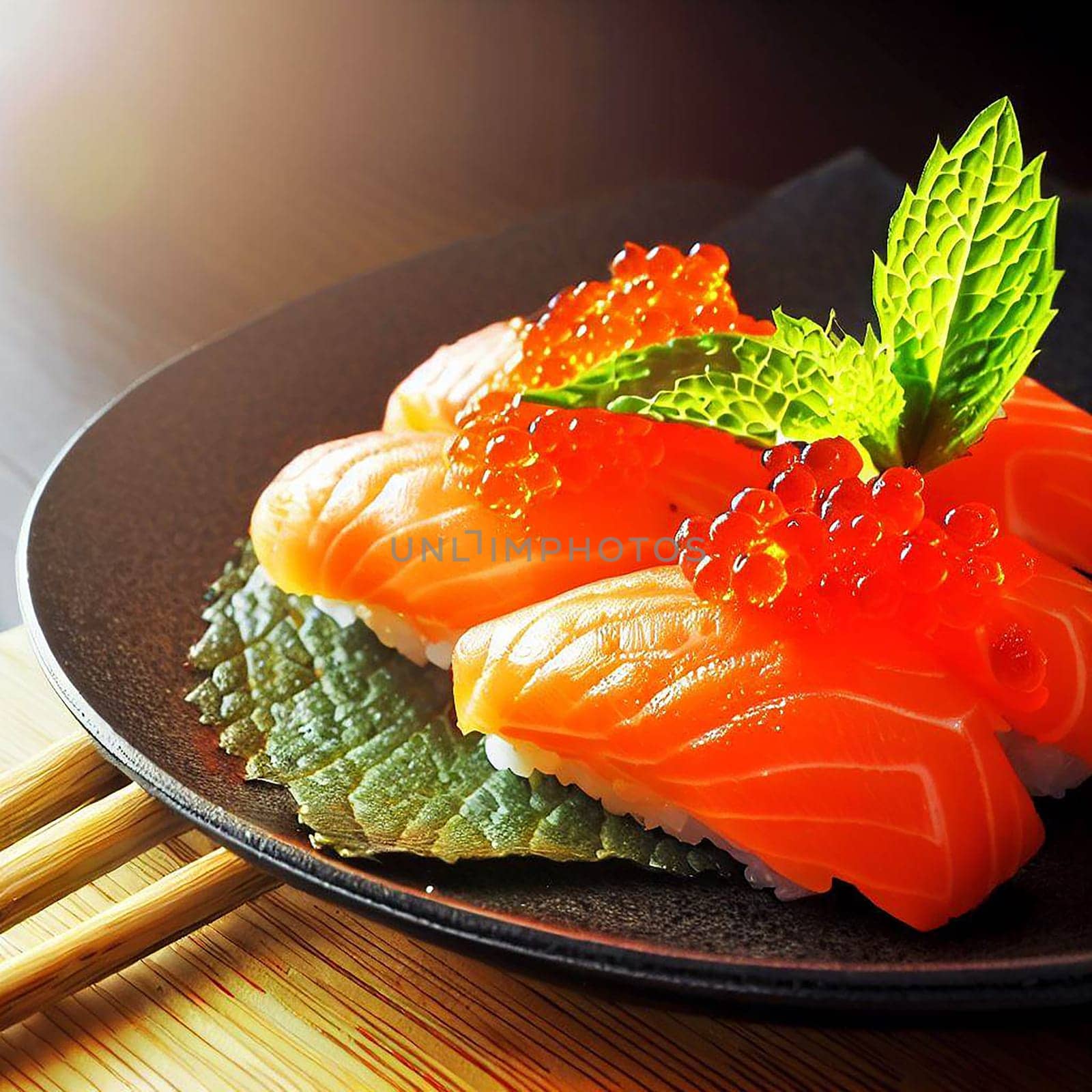 The Japanese menu. Tasty set of sushi with salmon and tuna with nice background color