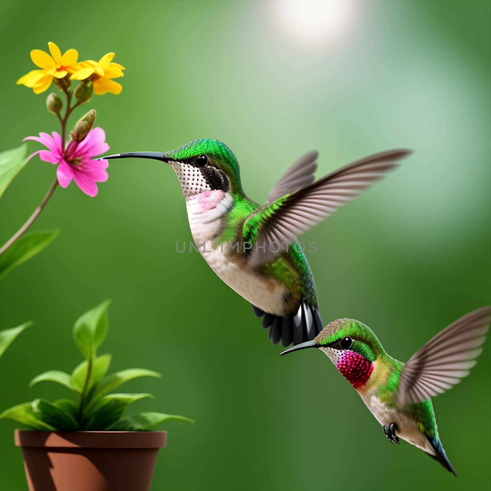 The hummingbird  flying next to beautiful flower - AI Generated