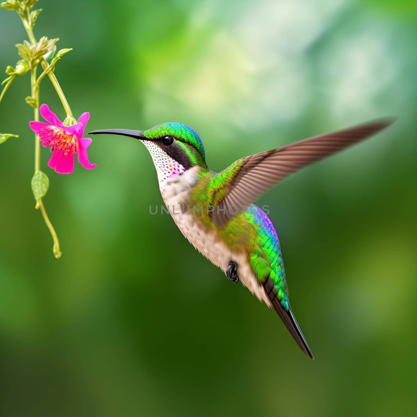 The hummingbird  flying next to beautiful flower - AI Generated