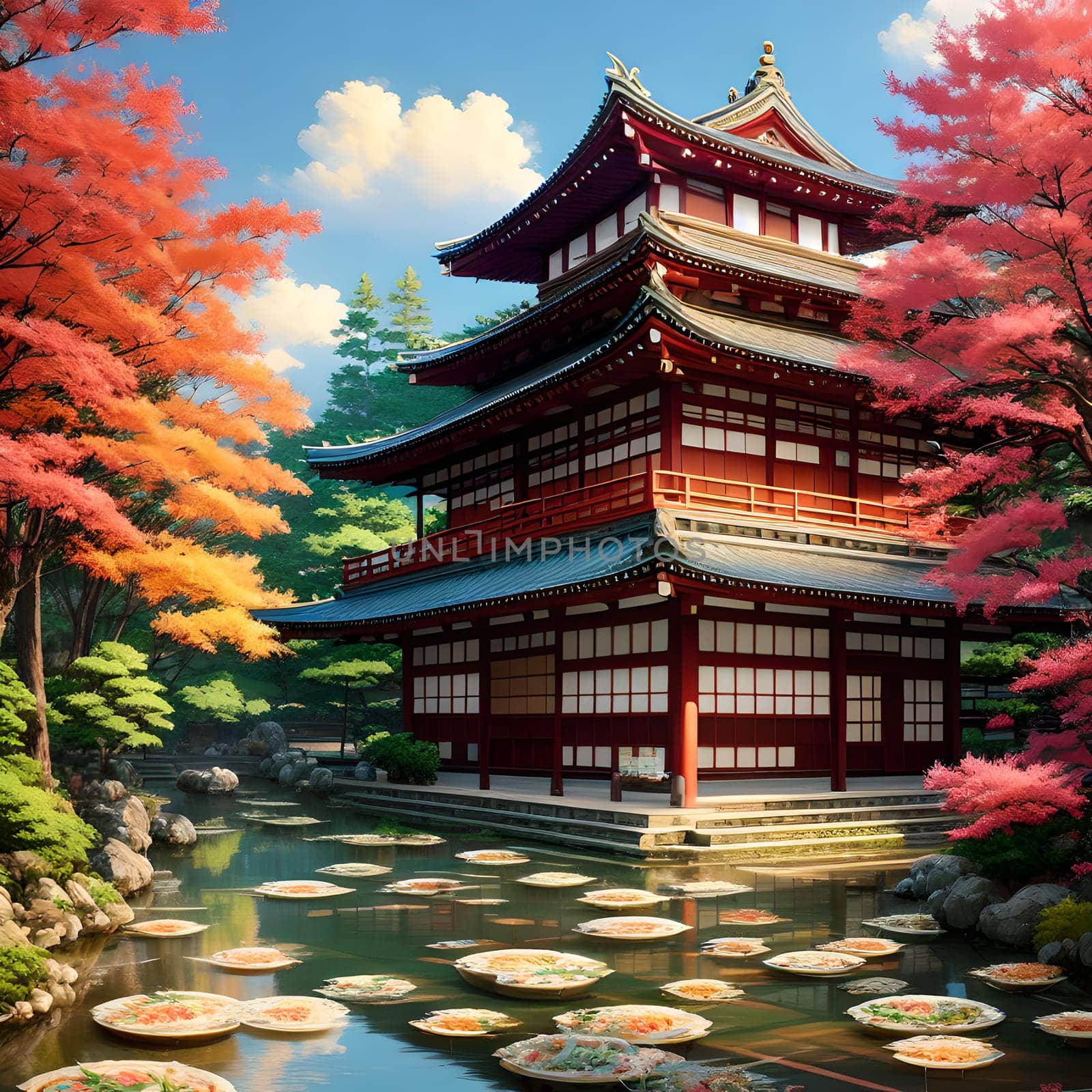 The Japanese Print Traditional building street scene art print ink and cg painting - AI Generated
