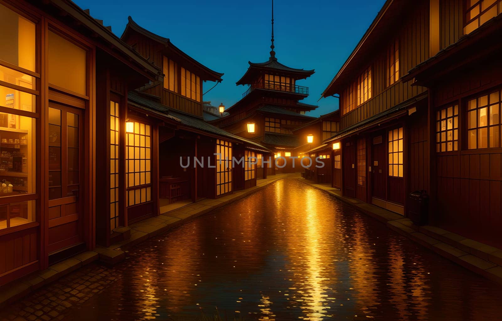 The Japanese Print Traditional building street scene art print ink and cg painting - AI Generated