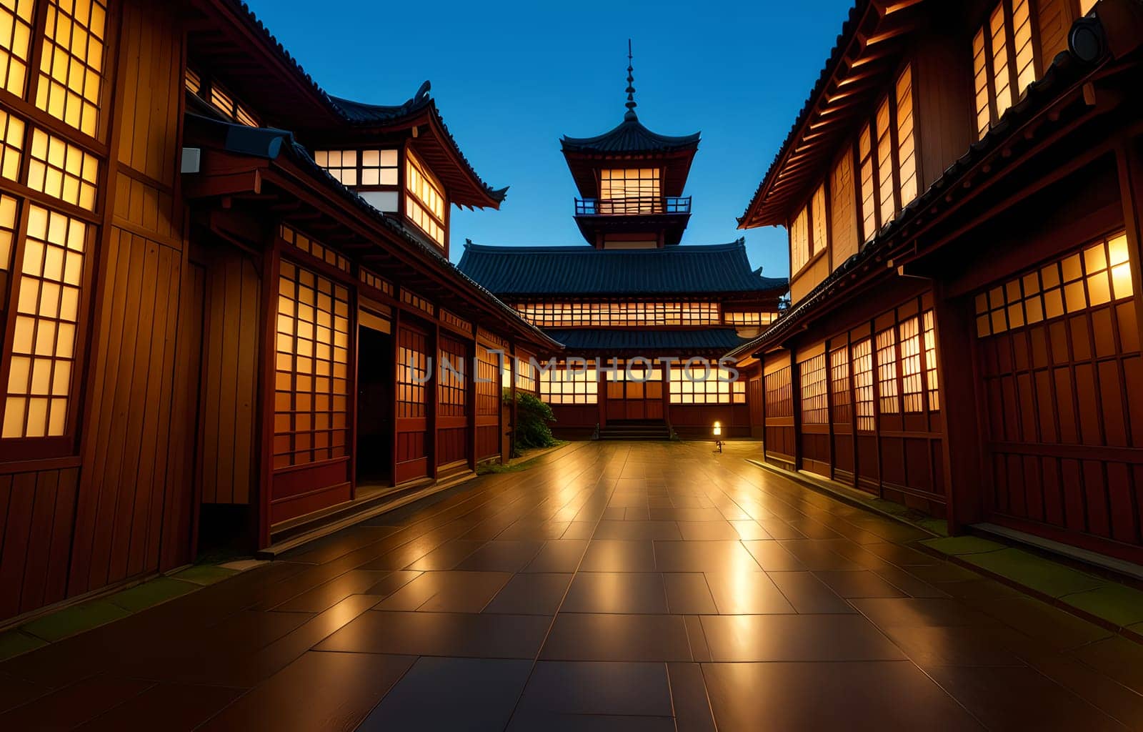 The Japanese Print Traditional building street scene art print ink and cg painting - AI Generated