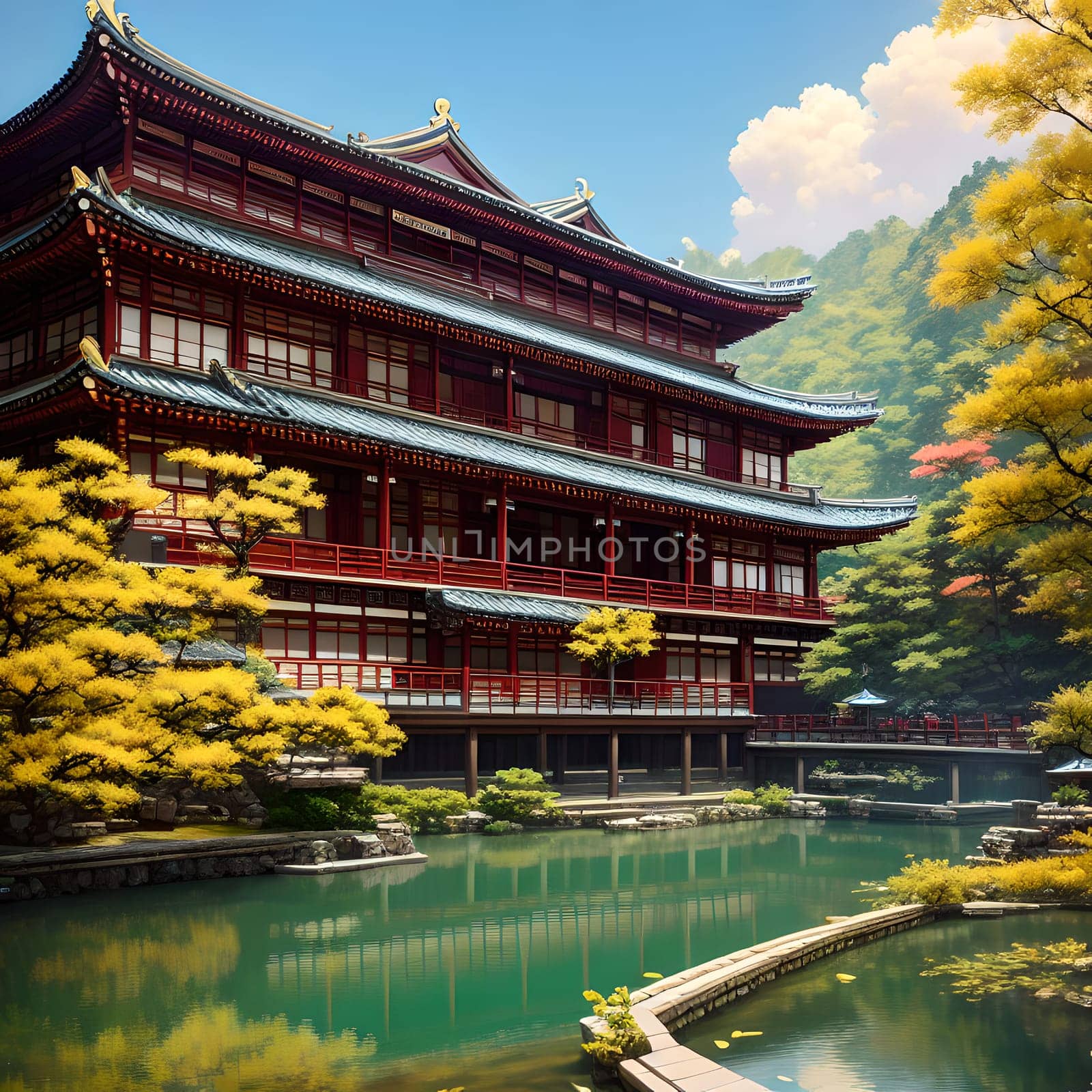 The Japanese Print Traditional building street scene art print ink and cg painting - AI Generated