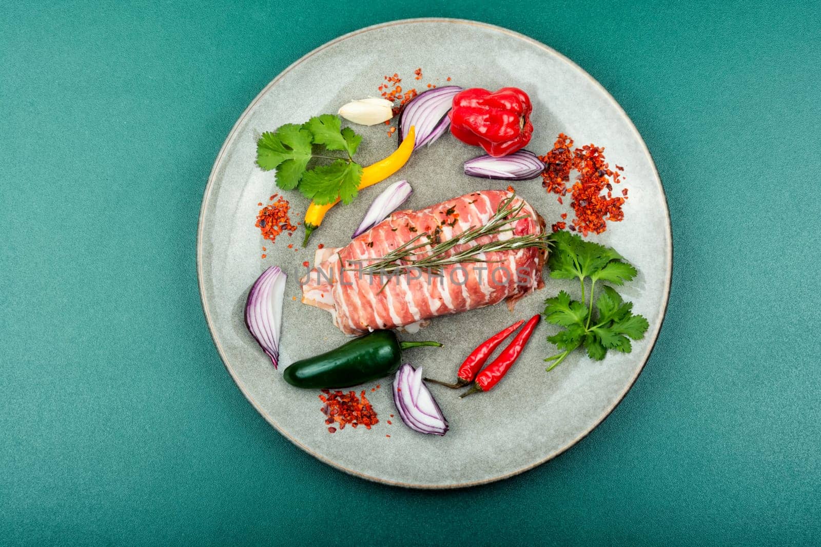 Chicken breast fillet, ingredients and spices for cooking. Roulade of meat