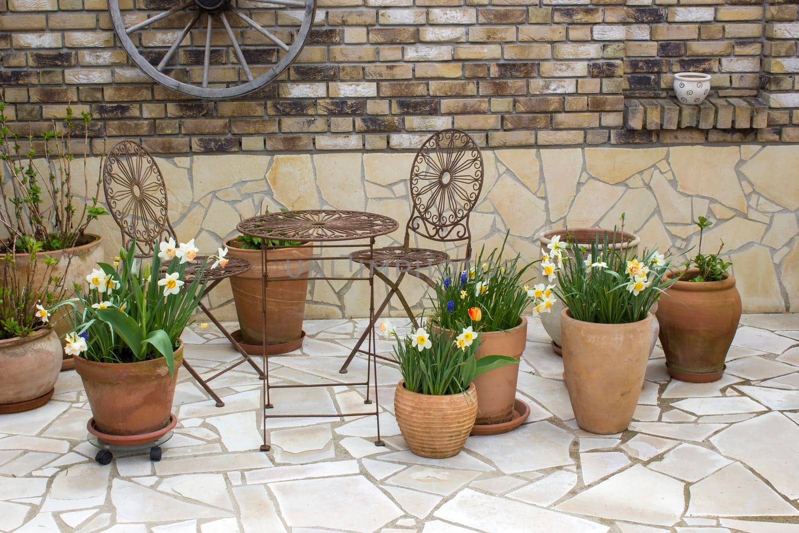 beautiful place in the garden in the mediterranean style, clay pots with spring flowers