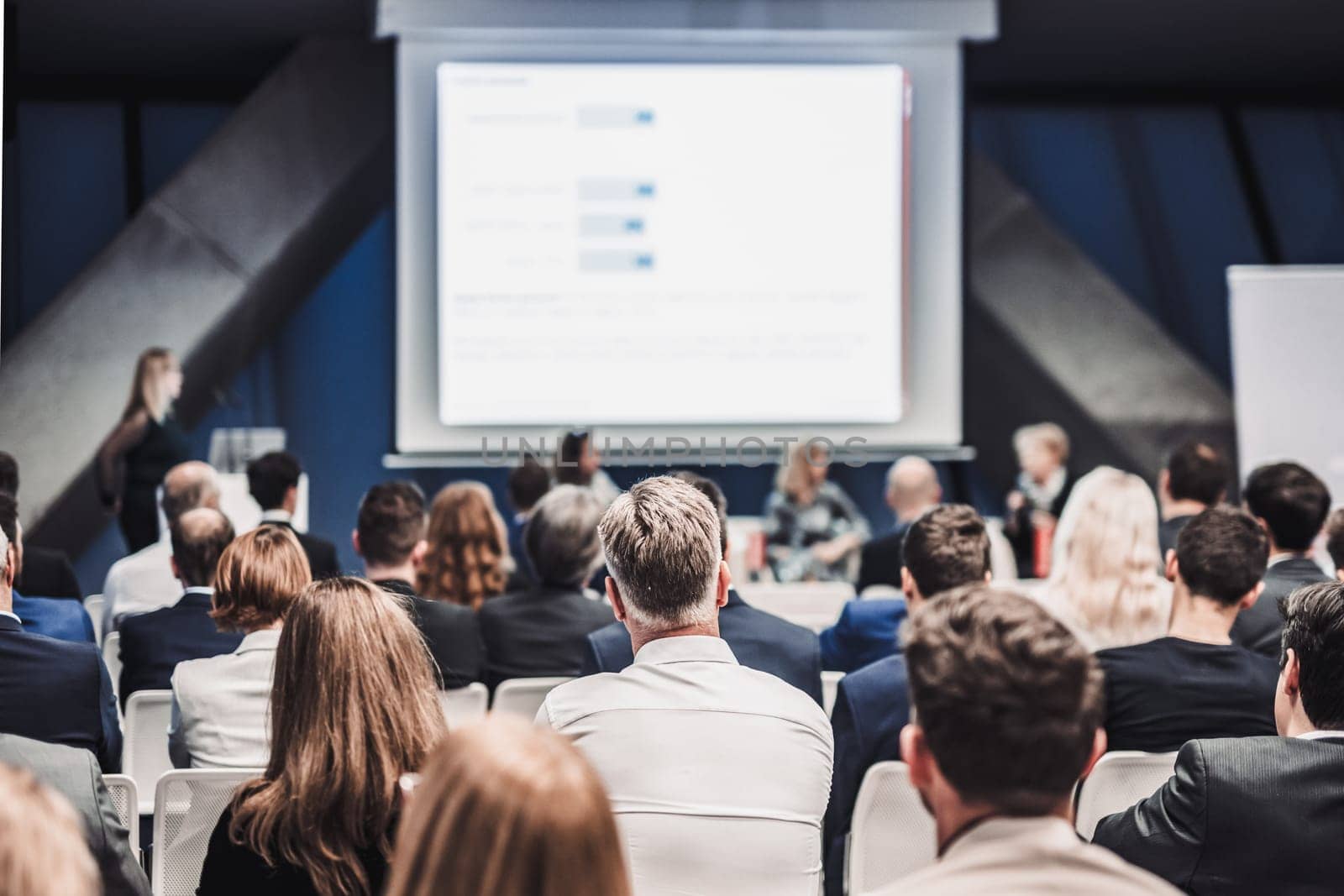 Round table discussion at business convention and Presentation. Audience at the conference hall. Business and entrepreneurship symposium.
