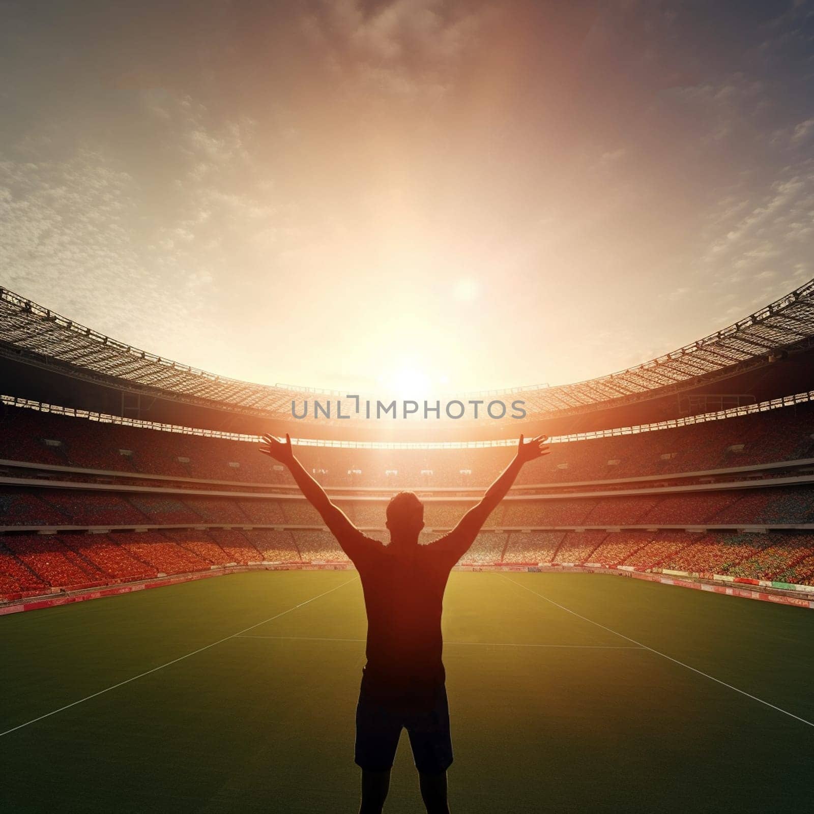 A football fan supports his favorite team at a stadium. cheering fan silhouette, sport game concept champion