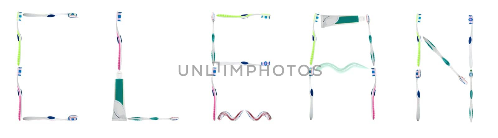 Clean word made of toothbrushes and toothpaste