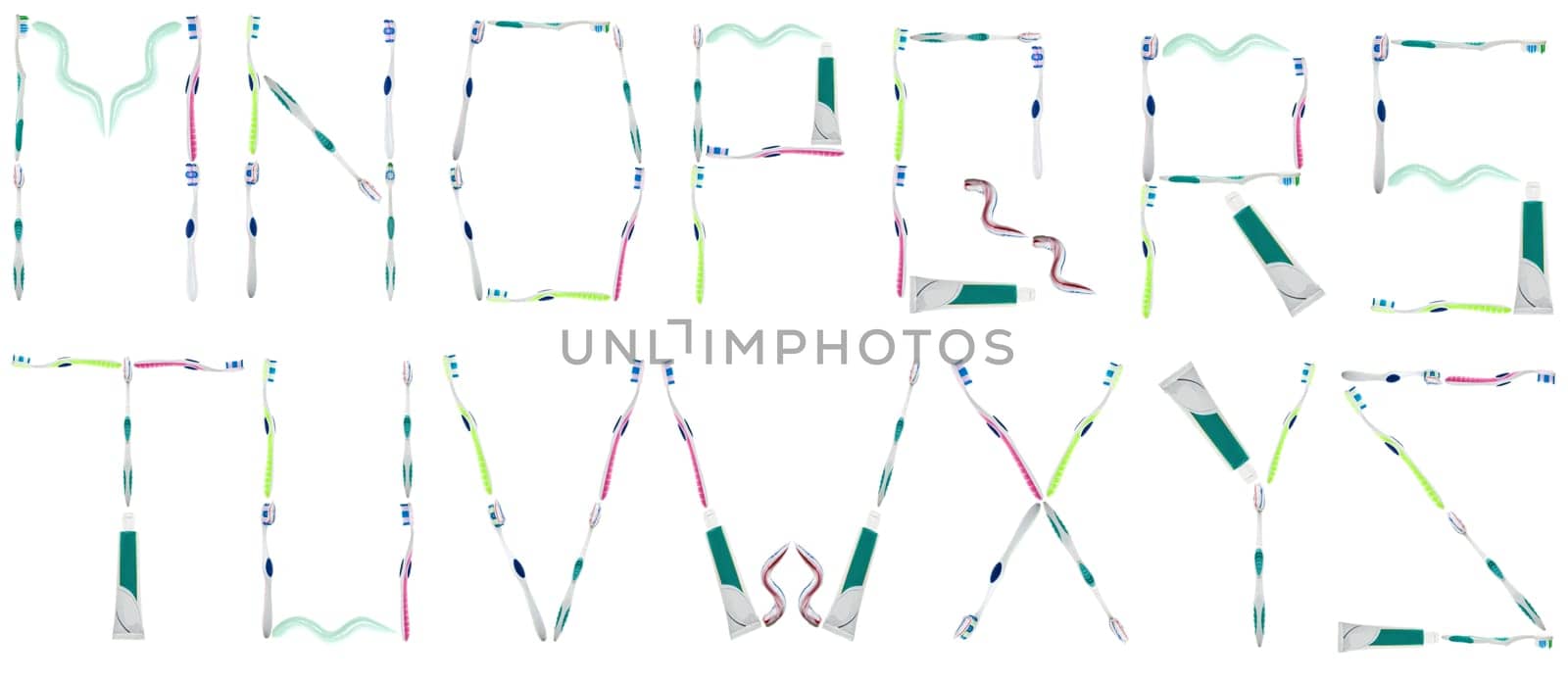 M to Z letters made of toothbrushes and toothpaste