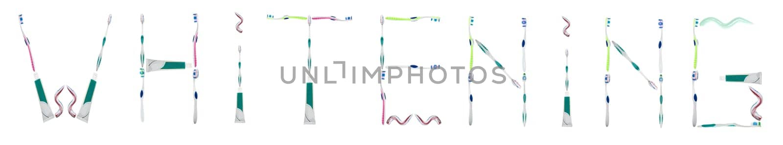 Whitening word made of toothbrushes and toothpaste