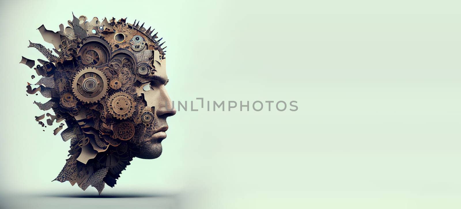 Man with cogwheels brain, brainstorming and creativity concept, gear wheels rotation in artificial intelligence, engineering mind, generative AI