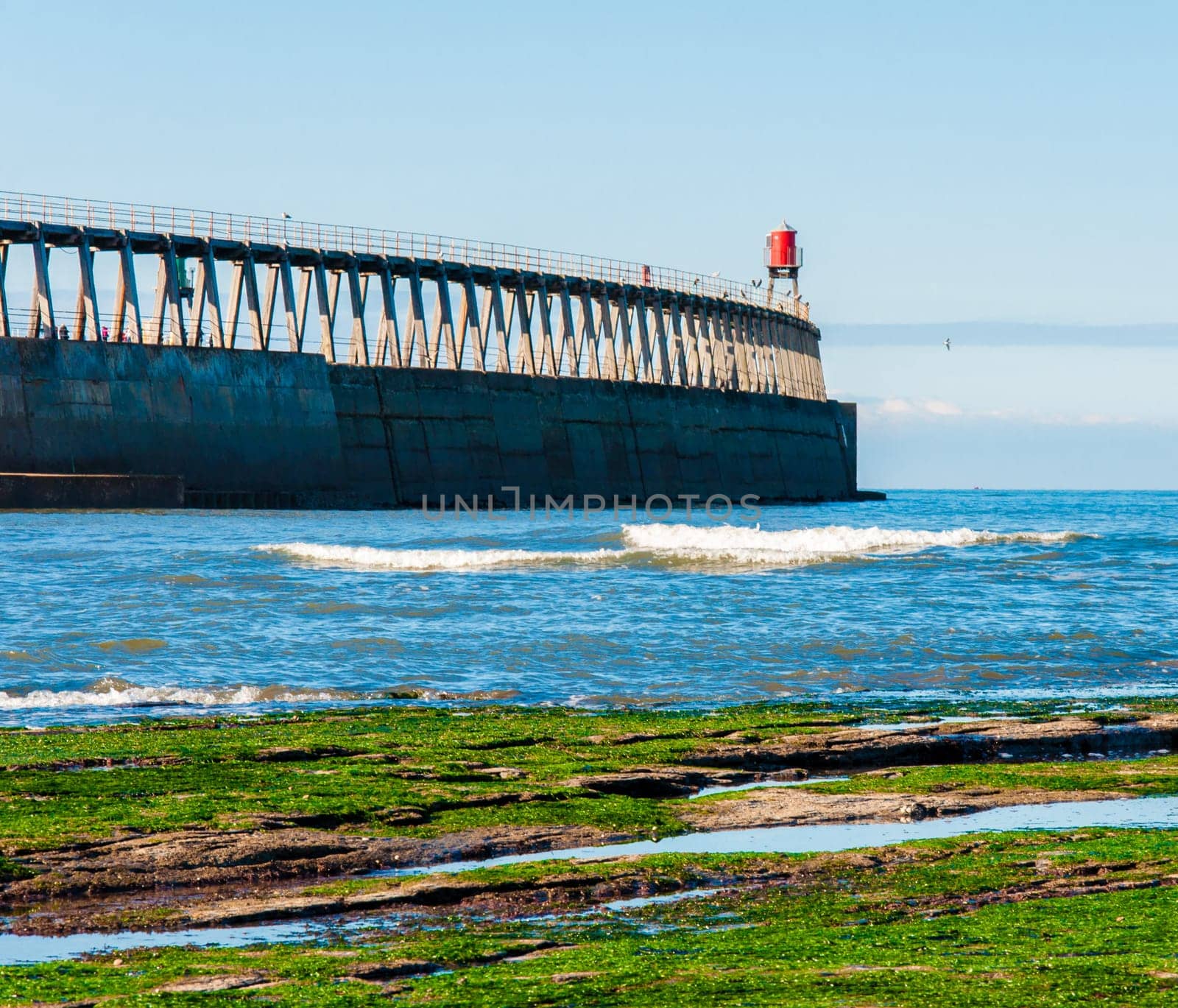 Scenic view of Whitby Pier in sunny autumn day.Whitby's attraction as a tourist destination is enhanced by its association with the world famous horror novel Dracula, written by Bram Stoker