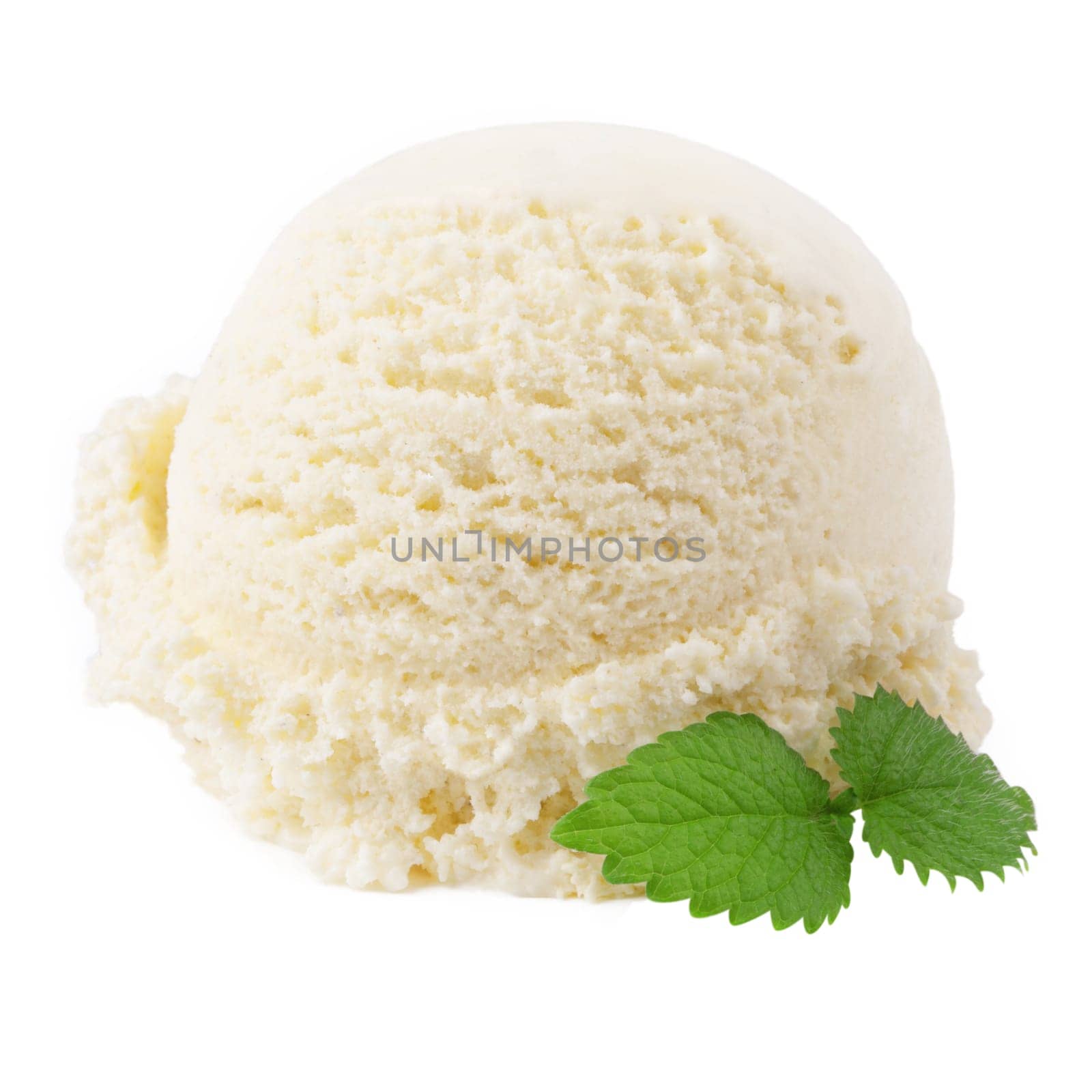 vanilla ice cream with mint leaf on white background