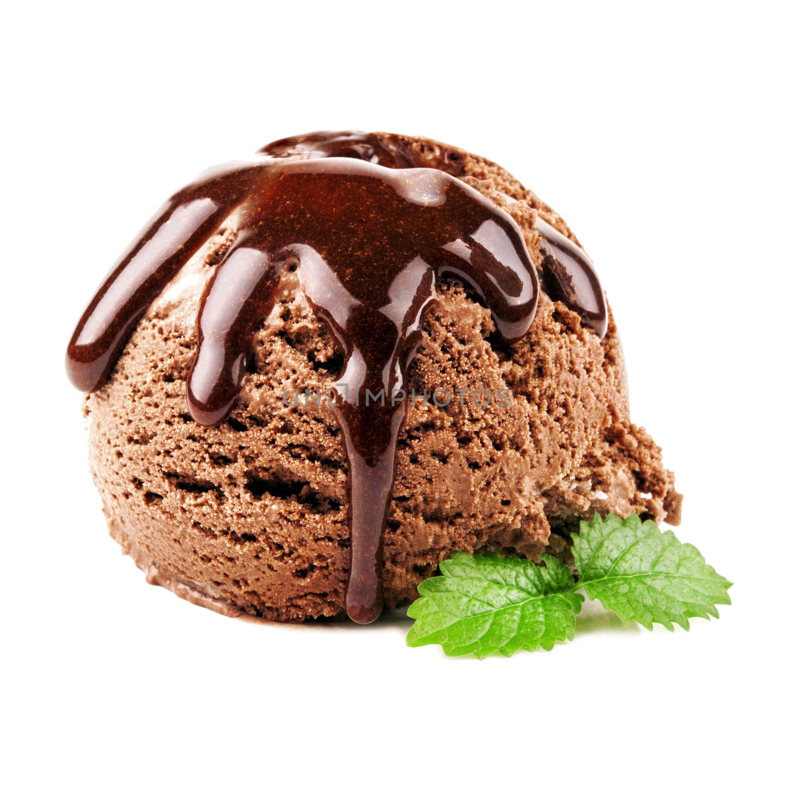 chocolate ice cream with chocolate sauce on a white background