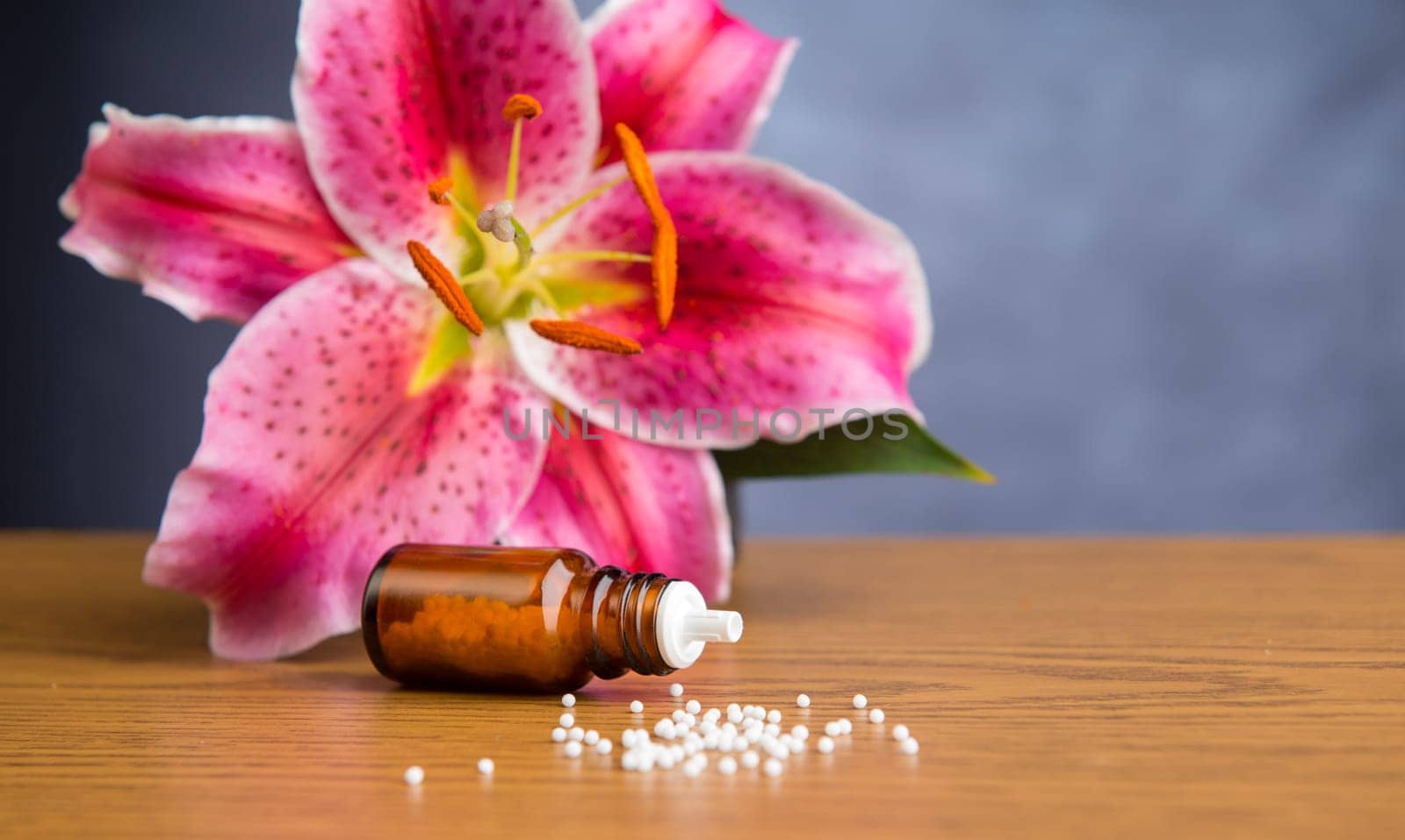 homeopathic globules on wooden ground with lilly blossom