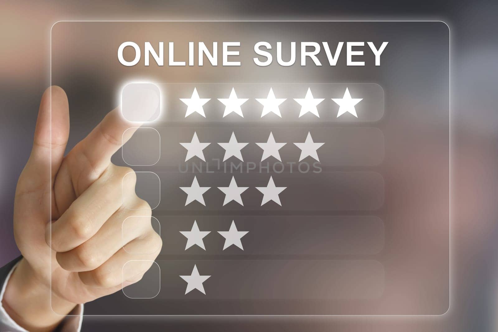 business hand clicking online survey on virtual screen interface