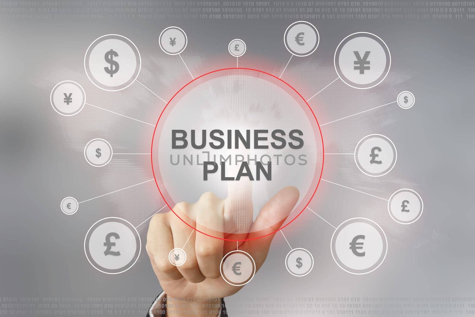 hand pushing business plan button with global networking concept