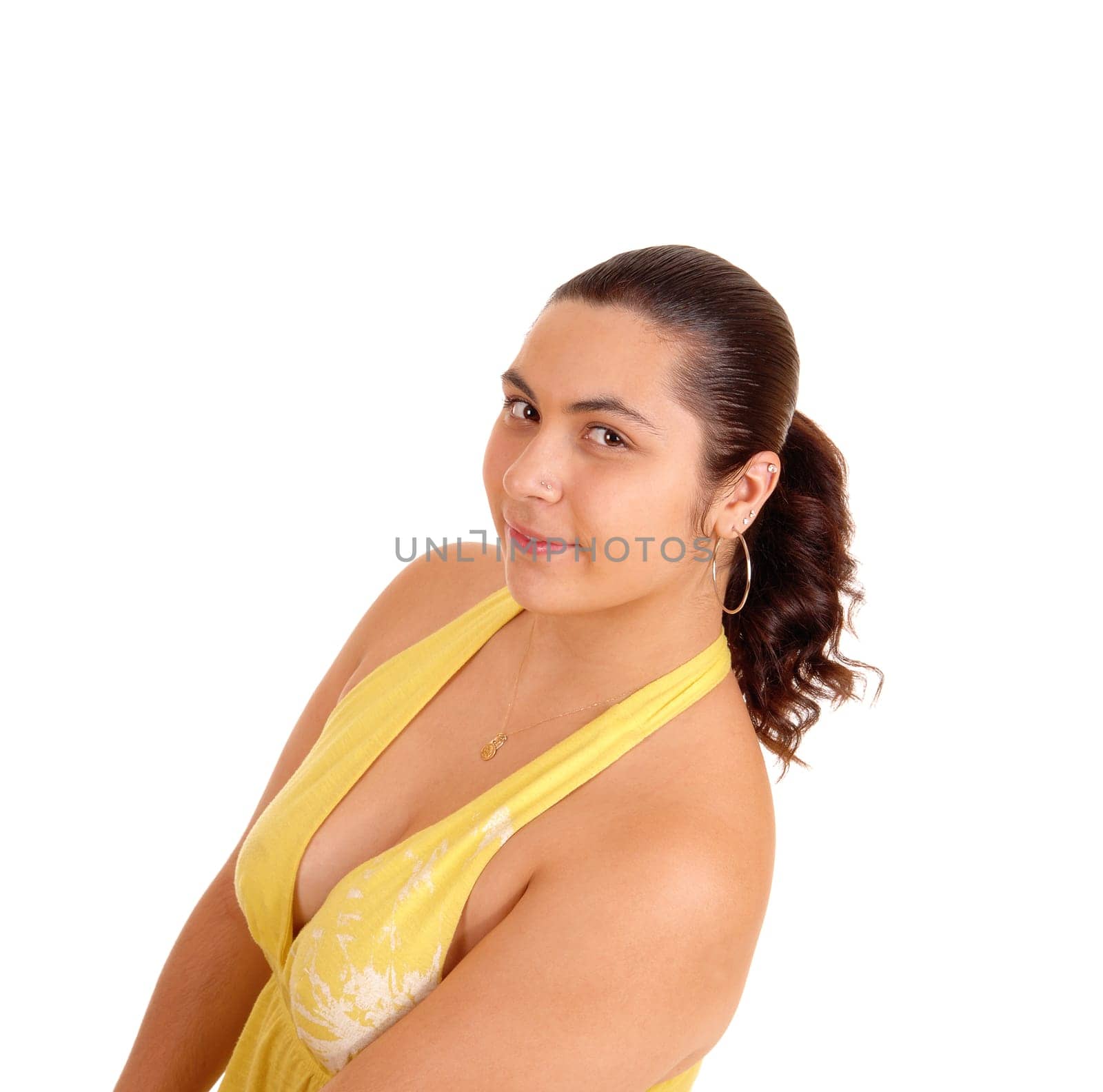 A profile portrait picture of a beautiful young woman in a yellow dress,.looking into the camera, isolated for white background..
