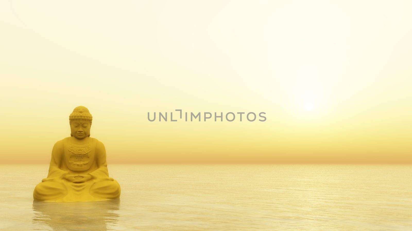Golden buddha meditating by yellow light - 3D render