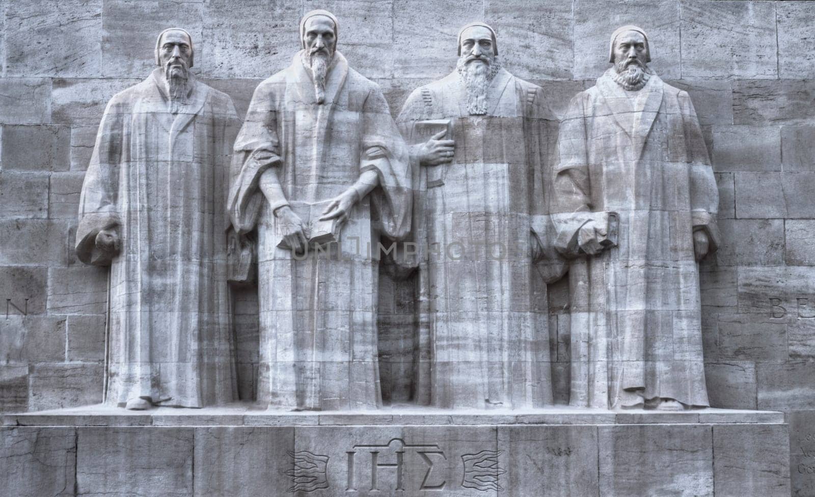 Close up on reformers wall in Geneva, Switzerland, HDR