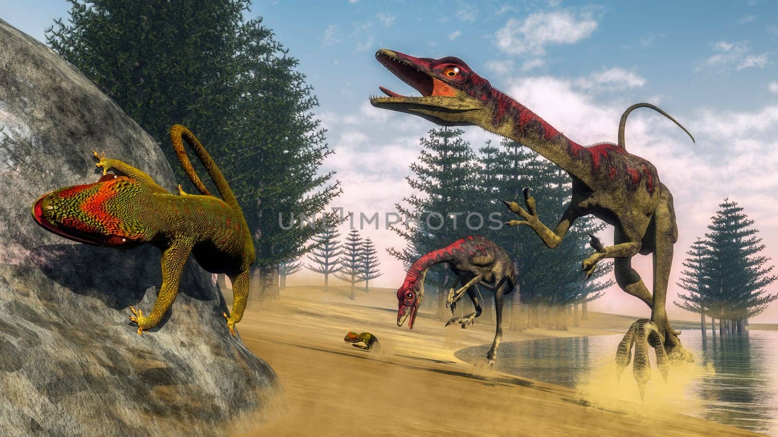 Compsognathus dinosaur hunting a gecko in a lagoon with calamite trees by day - 3D render