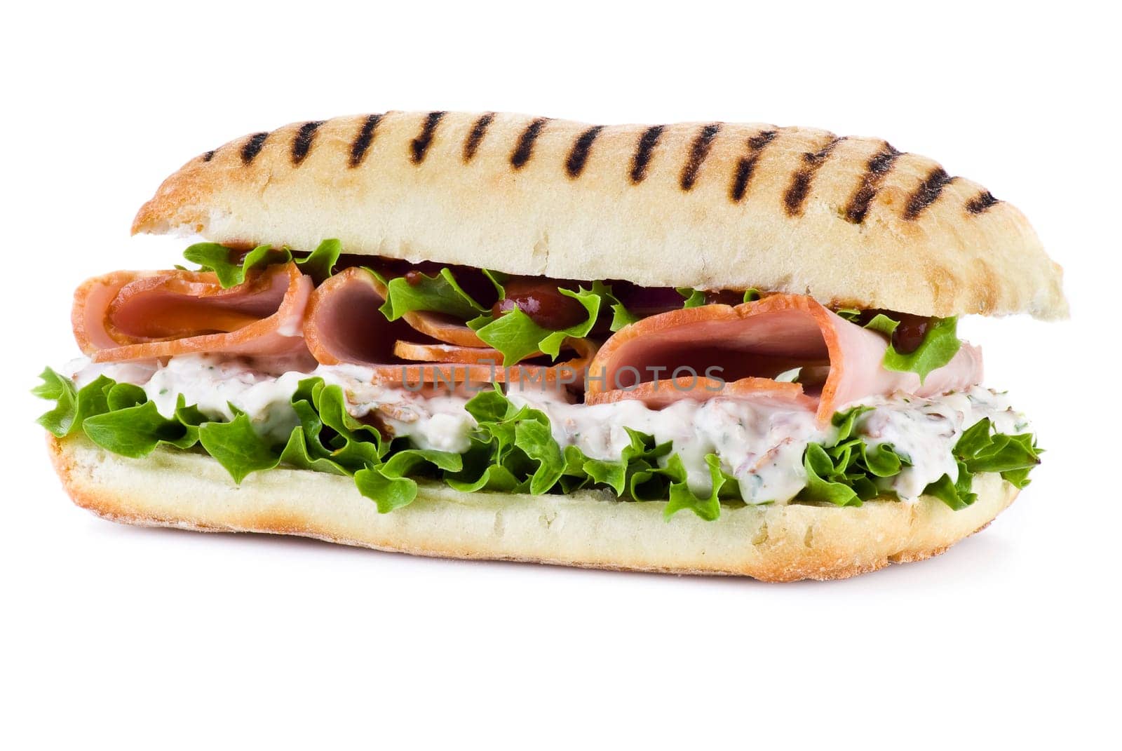 Ham and vegetable sandwich over white background