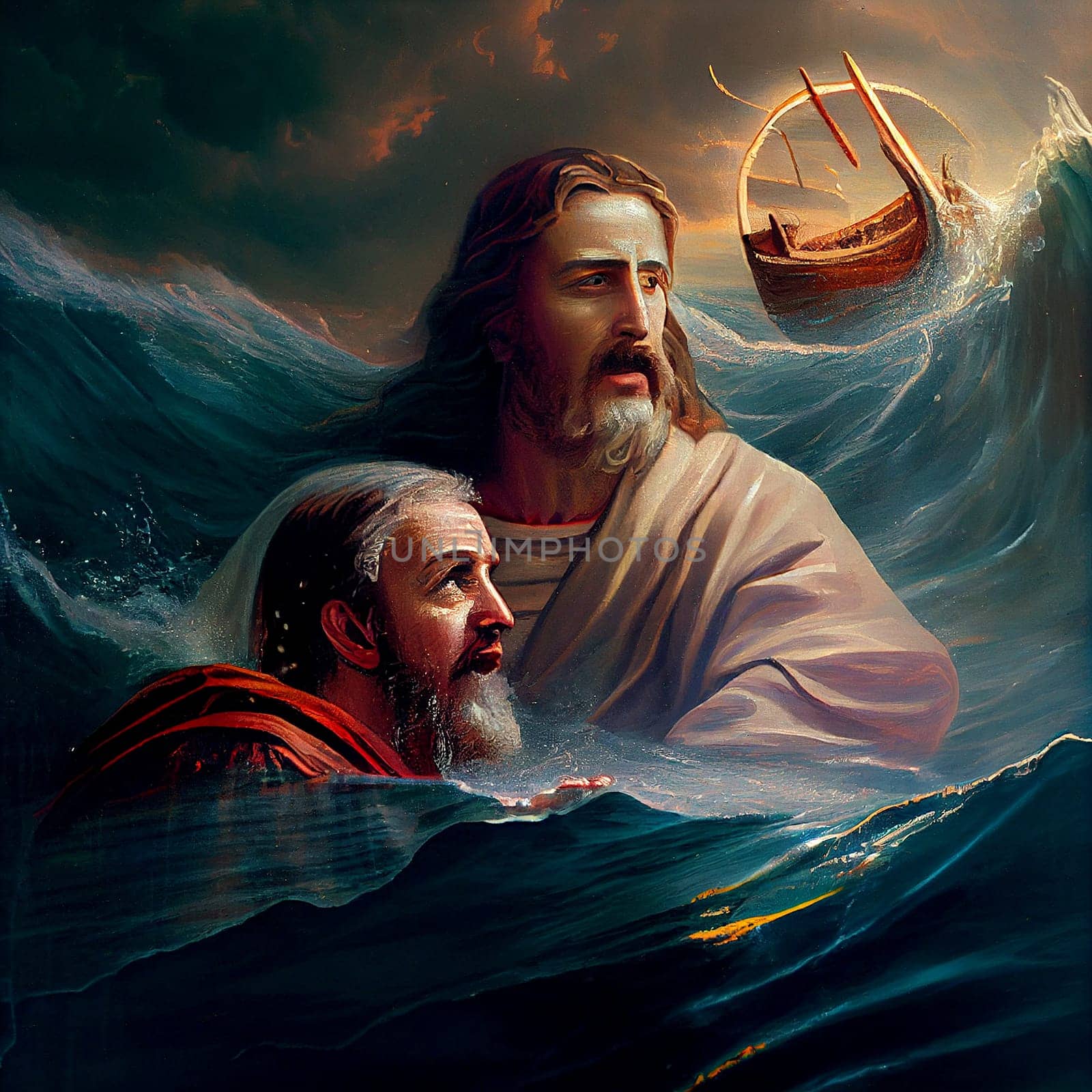 Jesus saves Peter who sinks, walking on water, Sea of Galilee, miracle of the bible, christianity and religion belief, generative AI