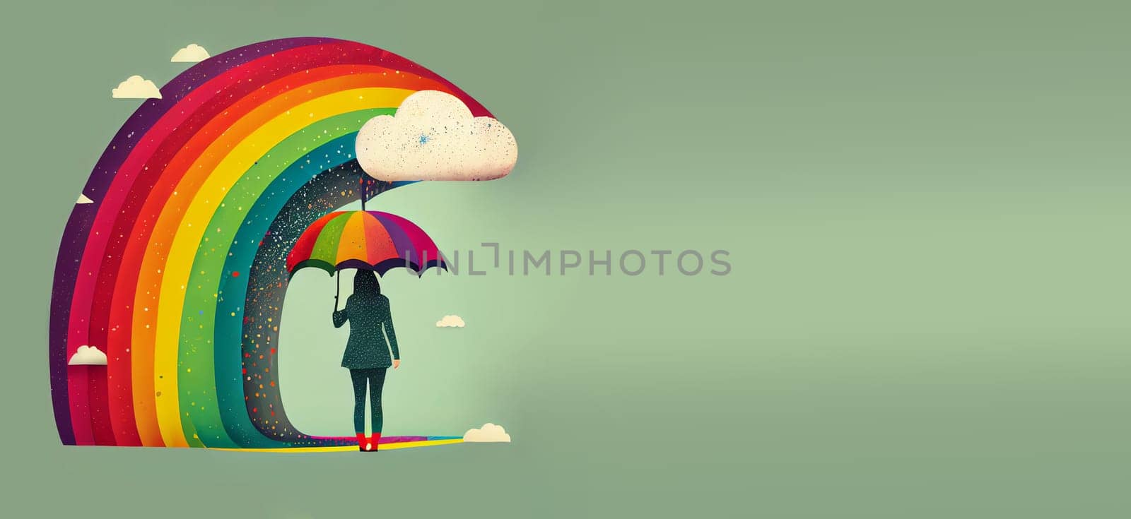 Woman with an umbrella in front of a rainbow, positive optimistic attitude, hope and emotion concept, generative AI