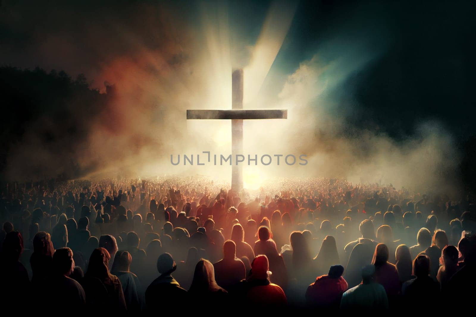 Revelation of Jesus Christ, new testament, religion of christianity, heaven and hell over the crowd of people, Jerusalem of the bible, generative AI