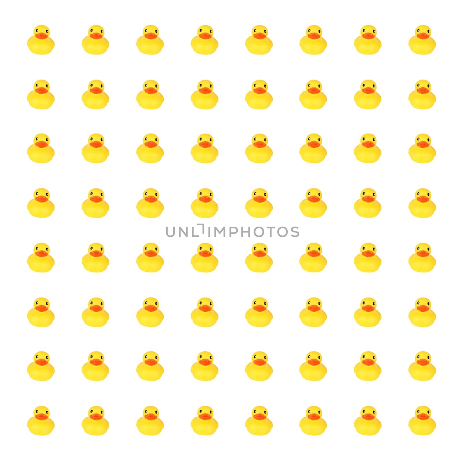 Yellow toy ducks in row background against white