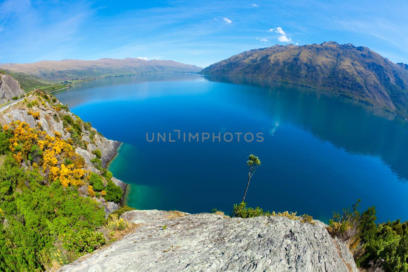 Fisheye image of the mountains surrounding Lake Wakatipu in New Zealand
