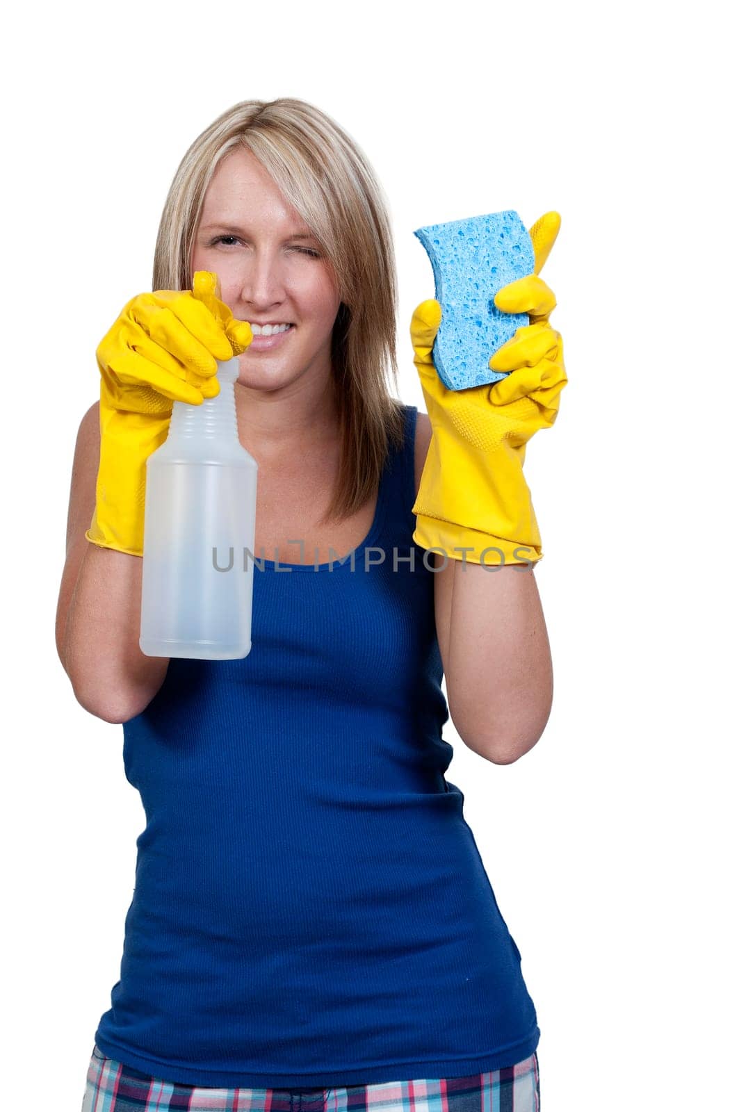 Aglove wearing beautiful woman or maid cleaning house with a sponge and spray bottle with cleaner