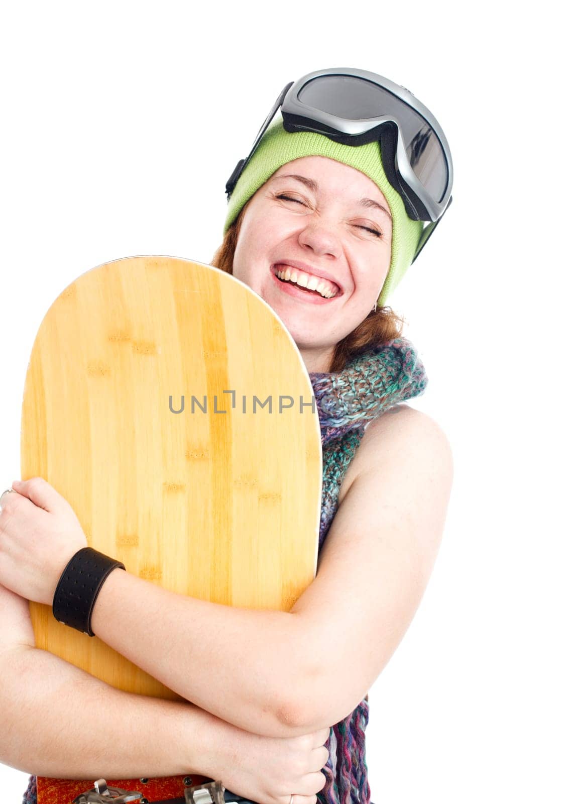 Woman with snowboard. Isolated over white.