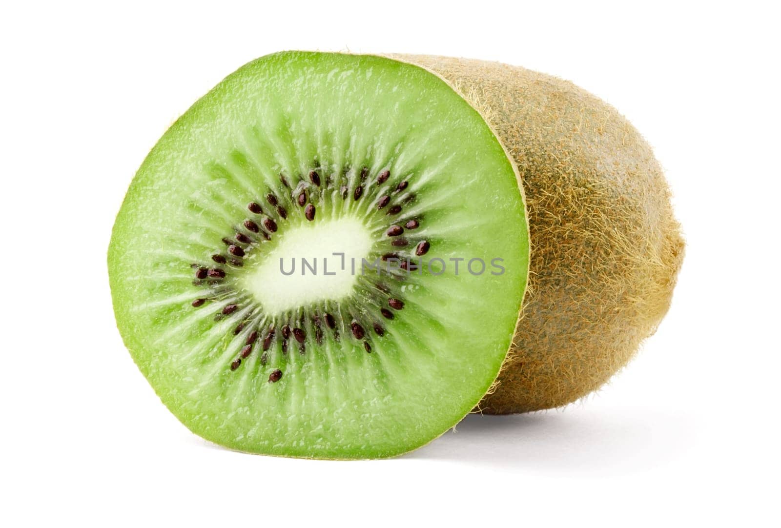 Ripe kiwi and slice isolated on white background