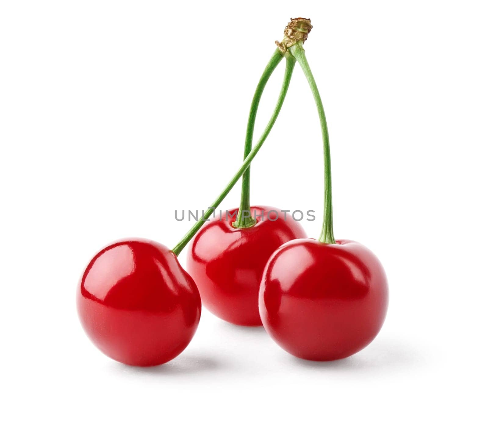 Three bright red cherries isolated on white background