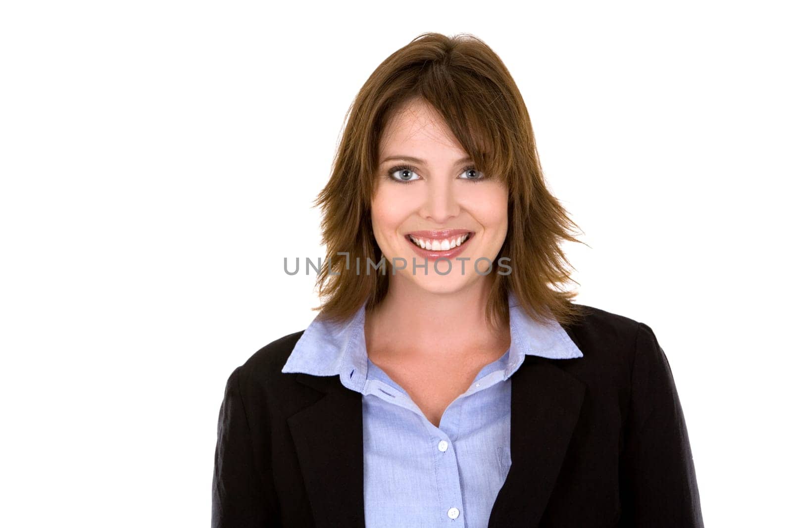 pretty brunette wearing business outfit on white background