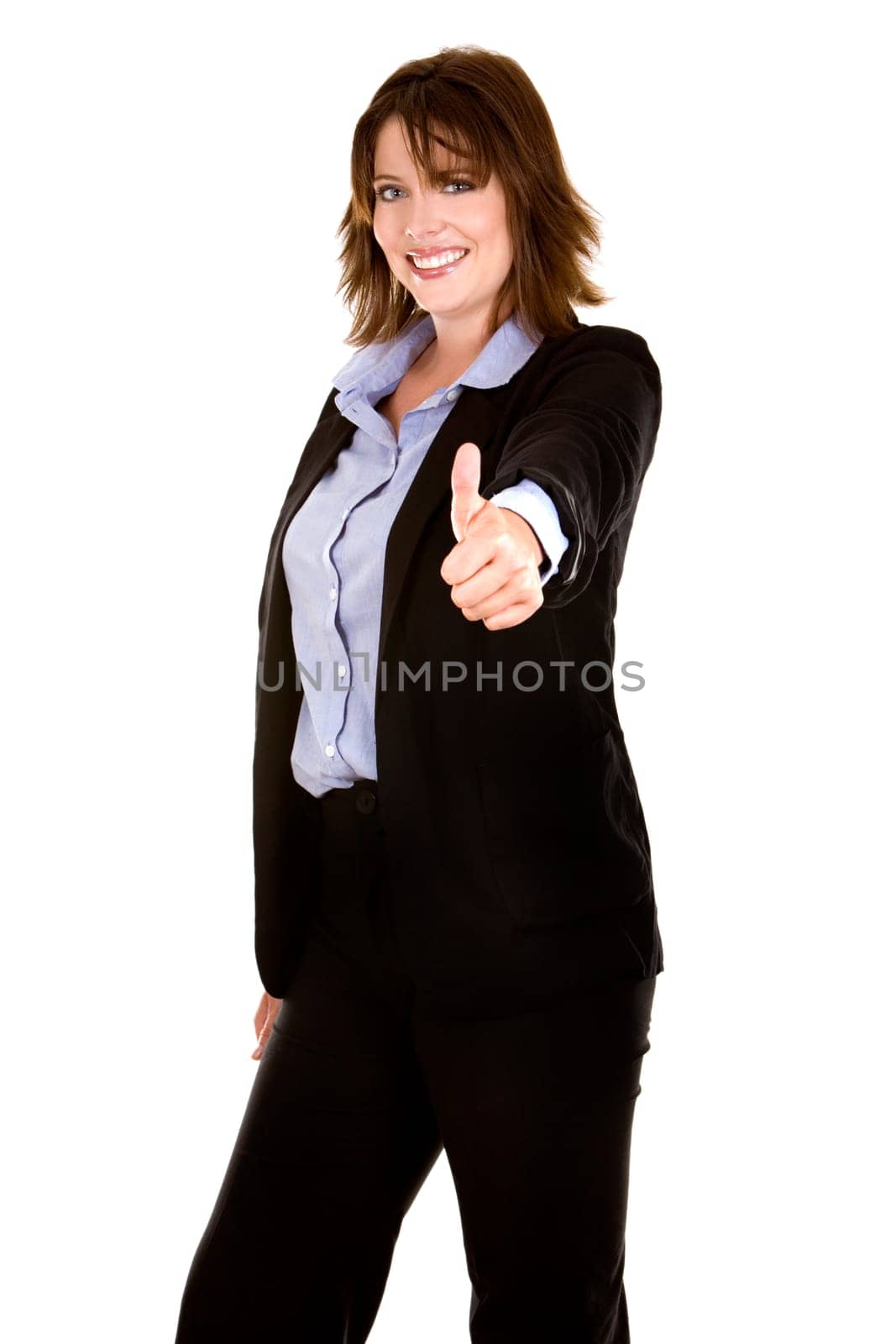 pretty brunette wearing business outfit on white background