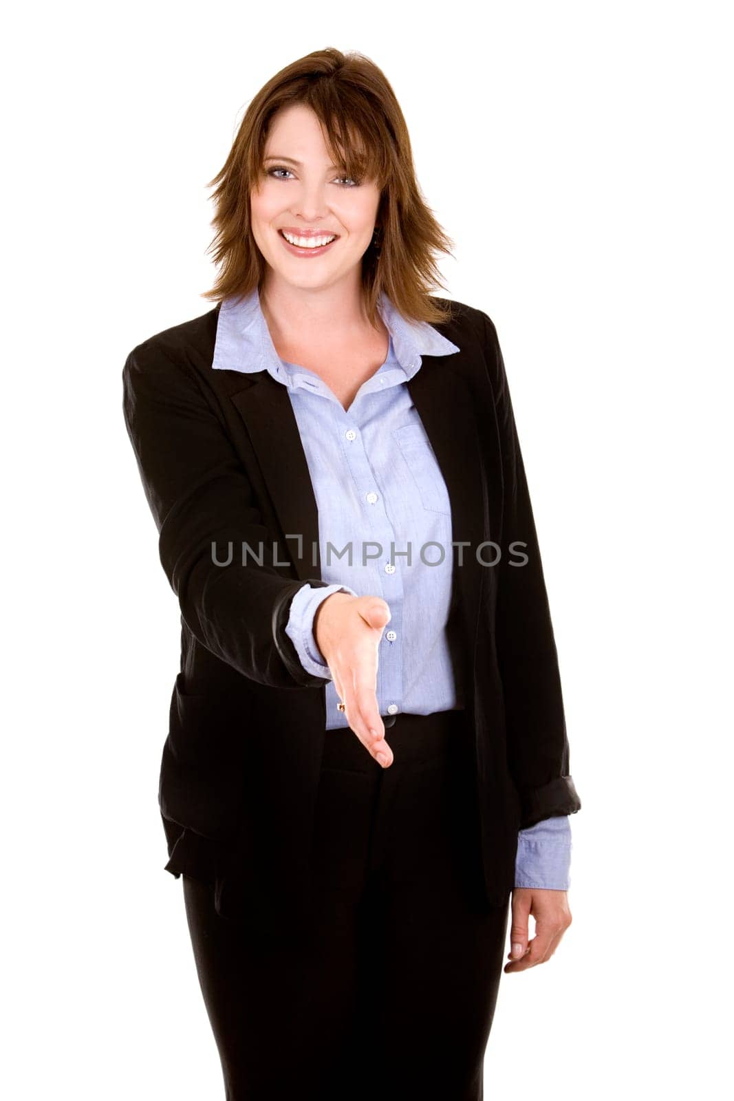 pretty business brunette giving handshake on white background