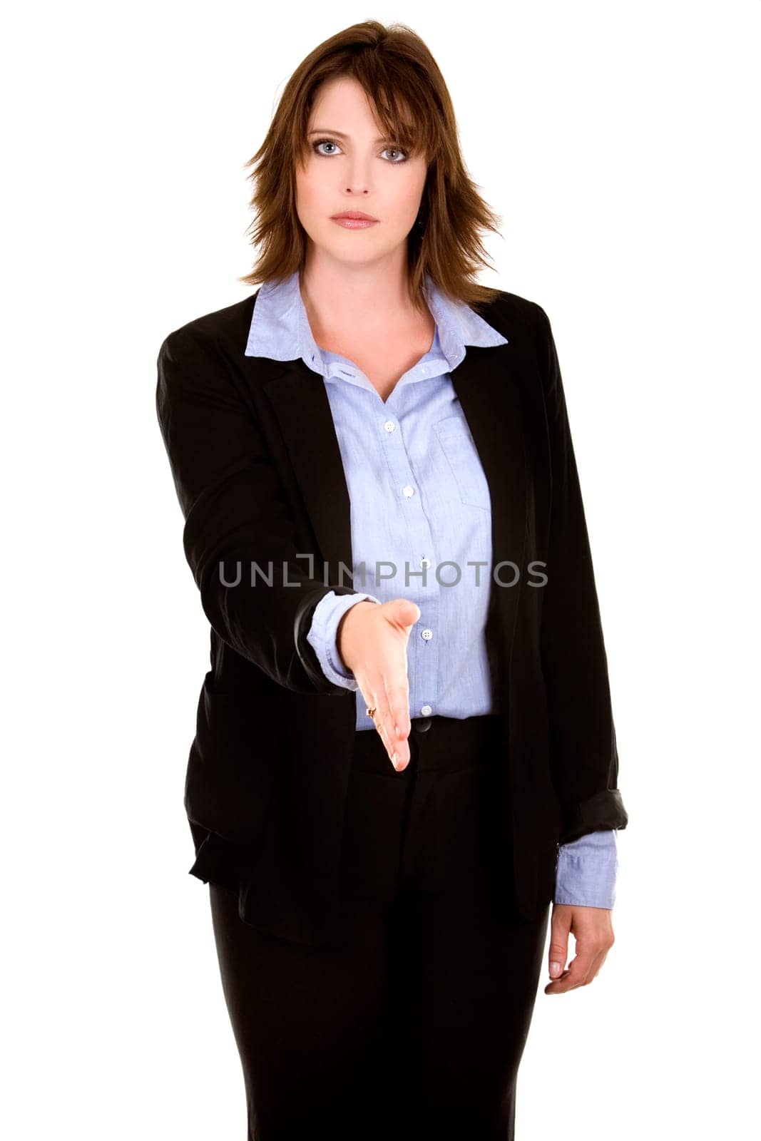 pretty business brunette giving handshake on white background