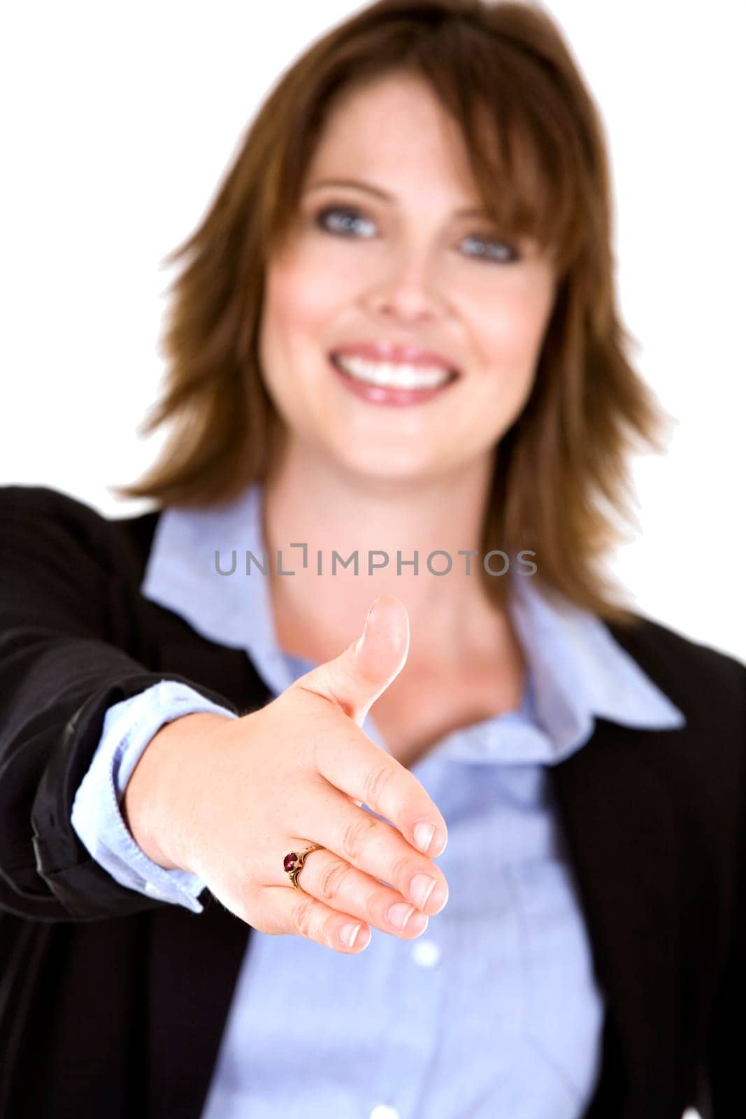 pretty business brunette giving handshake on white background
