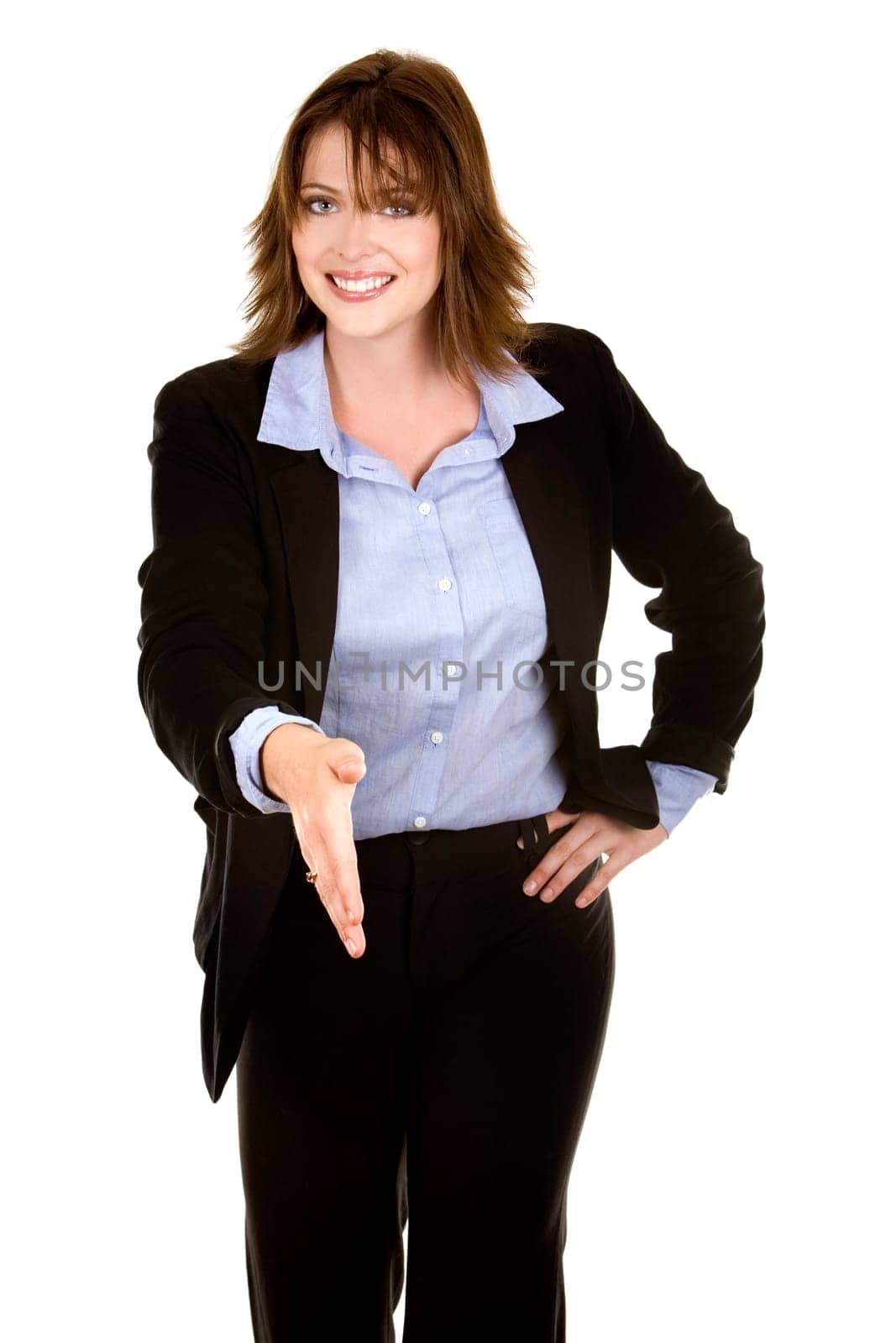pretty business brunette giving handshake on white background